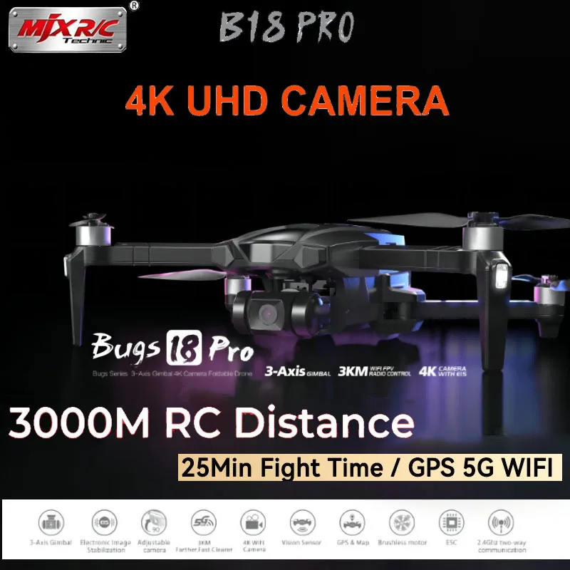 Mjx Bugs B18 Pro Gps Three Axis Pan Tilt Professional Drone 3km Remote Control 5g Wifi Brushless Foldable Quadcopter