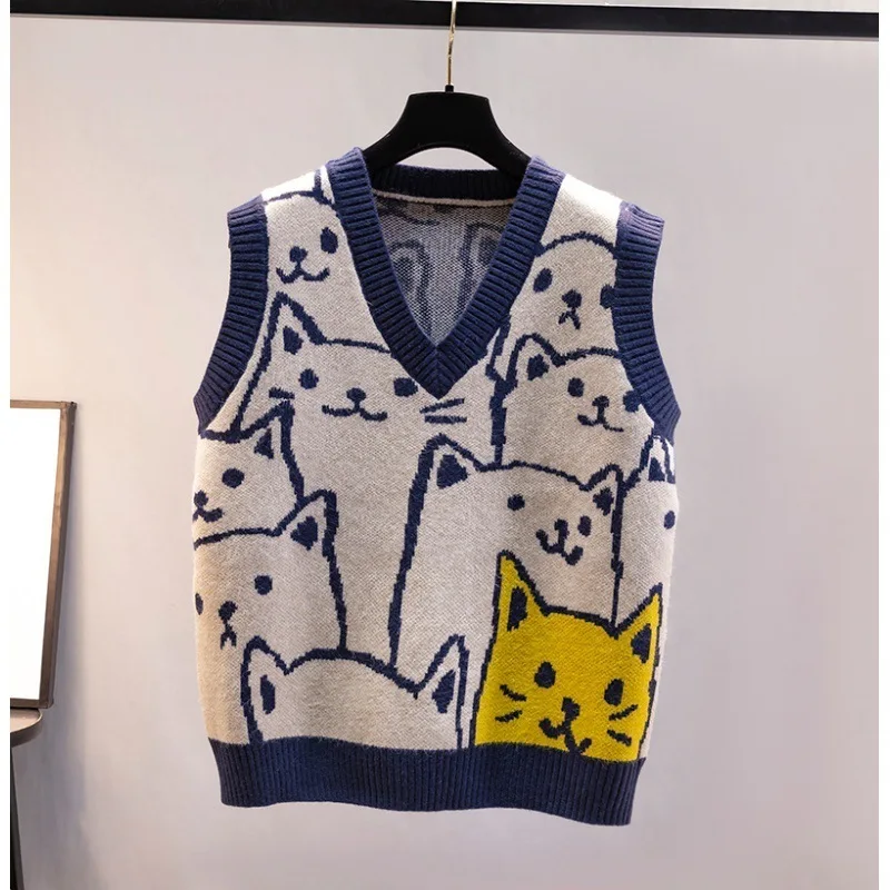 #3920 Cartoon Sweater Vest Women Slim Vintage Knitted Vest Female Slim V-neck Short Knitwear Pullover Waistcoat Vest Outerwear