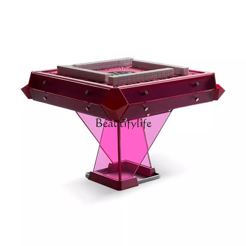 High-end light luxury modern wind pink glass mahjong table villa entertainment room automatic mahjong machine