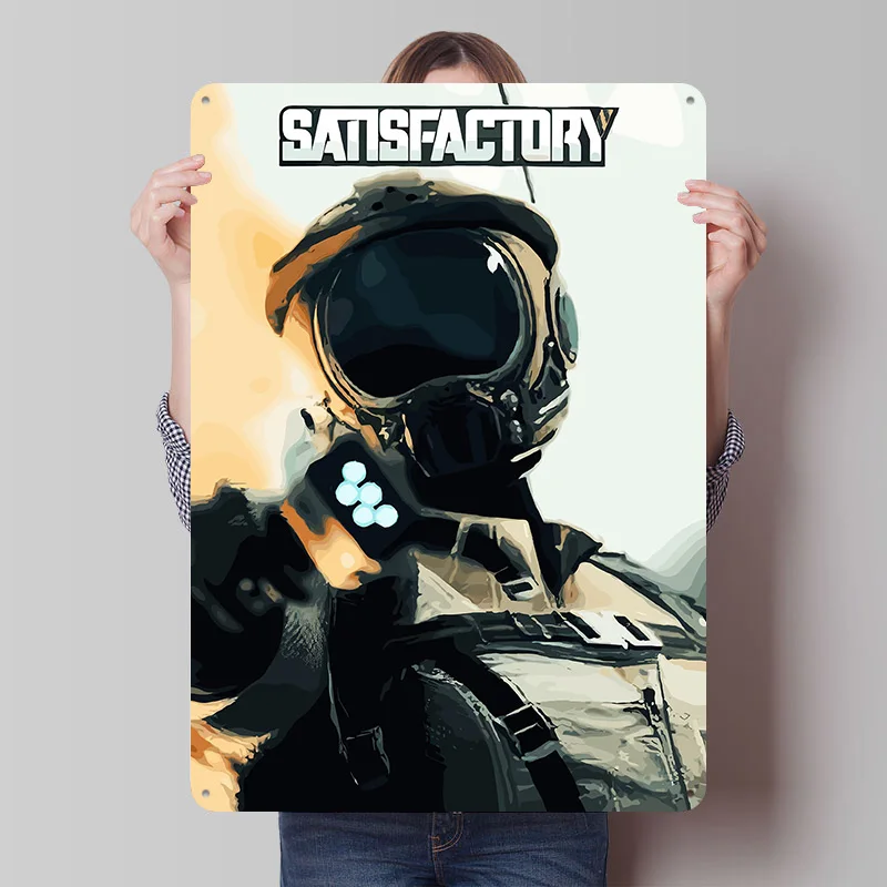 Satisfactory Game Character Metallposter – Personalisierte Retro-Vintage-Blechschilder für Fans, Schlafzimmerdekoration, Garage