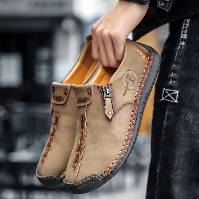 Men's Casual Shoes Walking Sports Manual Stitching Solid Color Comfortable Microfiber Leather Fashion Lightweight Running Shoes