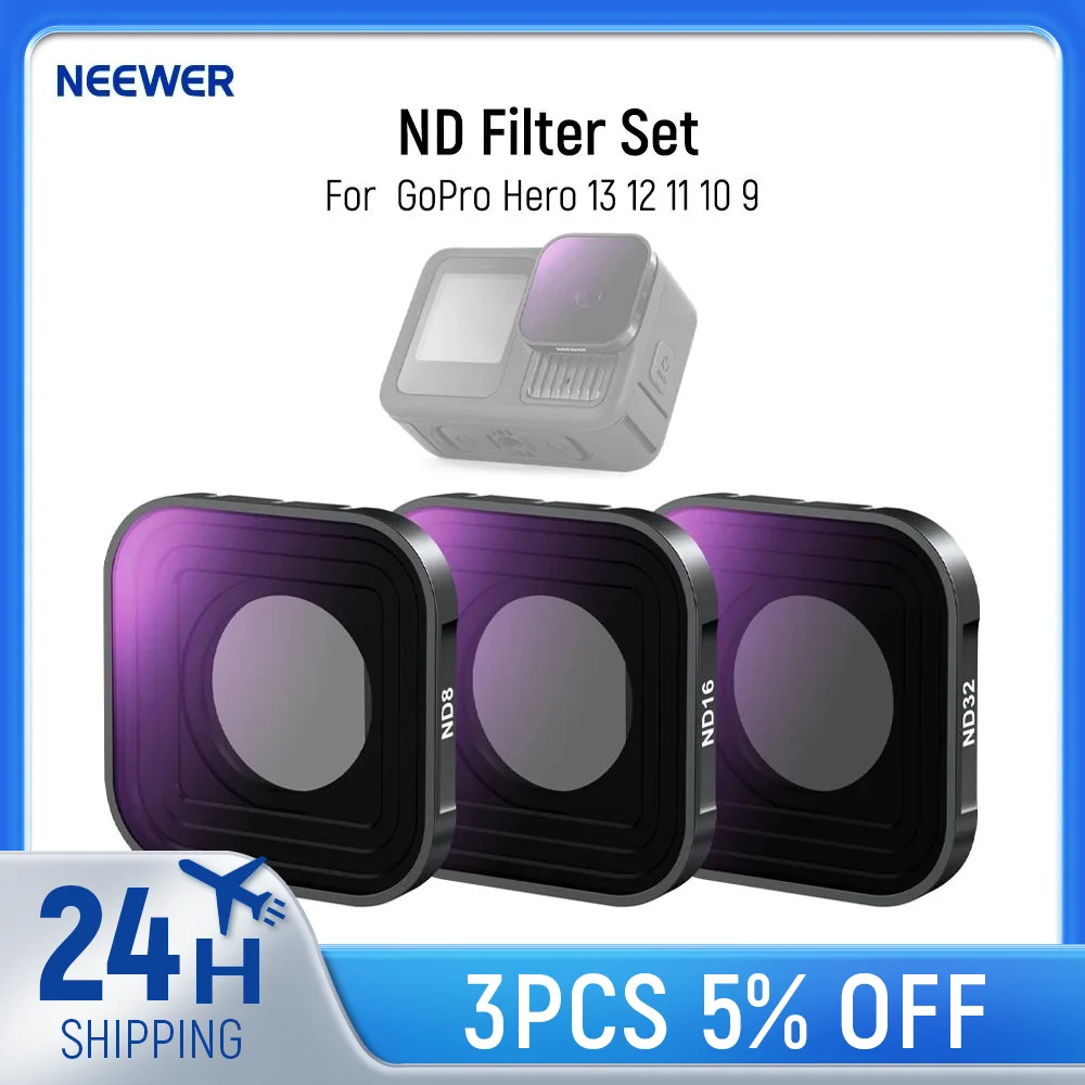 

NEEWER ND Filter Set Compatible with GoPro Hero 13 12 11 10 9 (3 Pack), ND8 + ND16 + ND32 HD Optical Glass Camera Lens