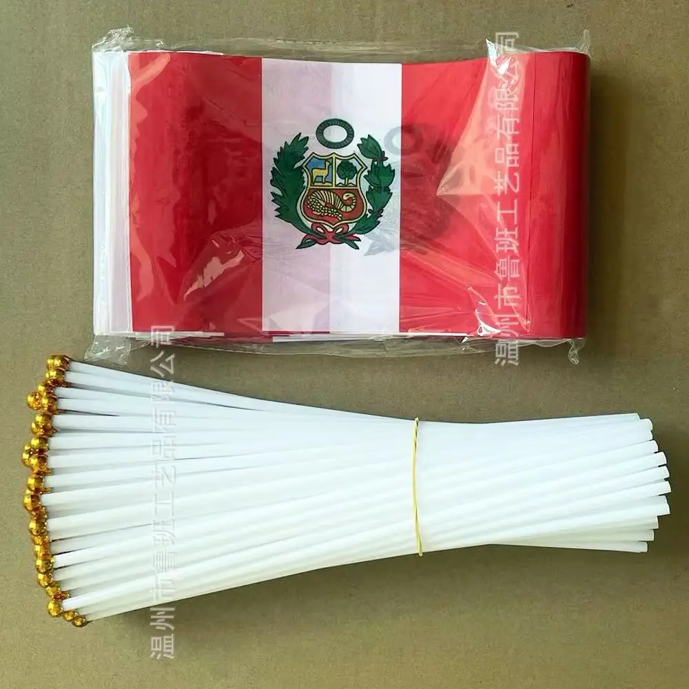 Peru hand flag 14x21cm Polyester Fade-Resistance Peru  Hand Waving Flag with Plastic Flagpole for Events