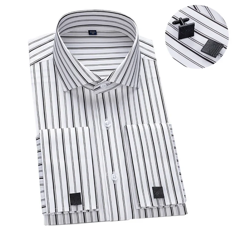 2025 Windsor Collar Slim Fit Modal  New Men\'s French Shirt Long Sleeve Business Dress Cufflink Striped Shirt No Pocket