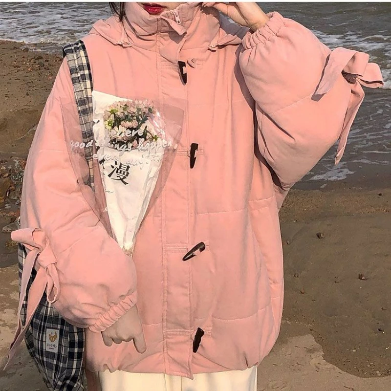 Parkas Women Bow Daily Thickening Students Winter Horn Button Kawaii Comfortable Colorful Trendy Elegant Simple New Korean Style