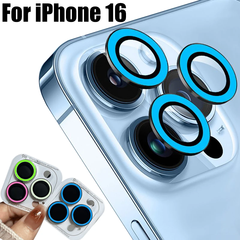 Vidro cerâmico luminoso da câmera para iphone 16 pro max 16plus lente protetor filme anel multi-cor vidro temperado brilho protetor boné