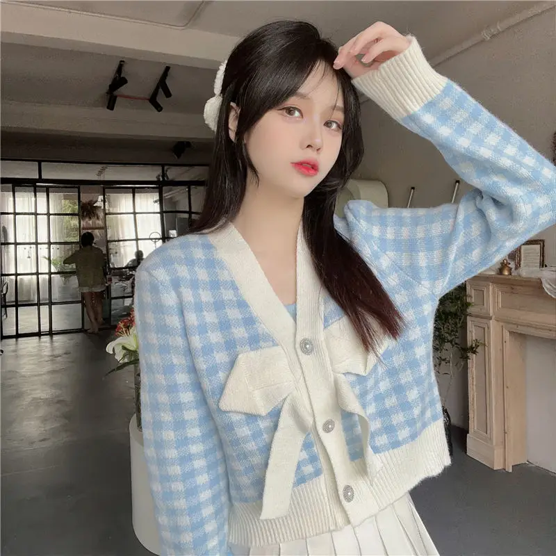 

Knitting Long Sleeve Tops Contrast Patchwork Bow All-match Short Sweet Cardigan Autumn Winter New Fashion Elegant Women Clothing