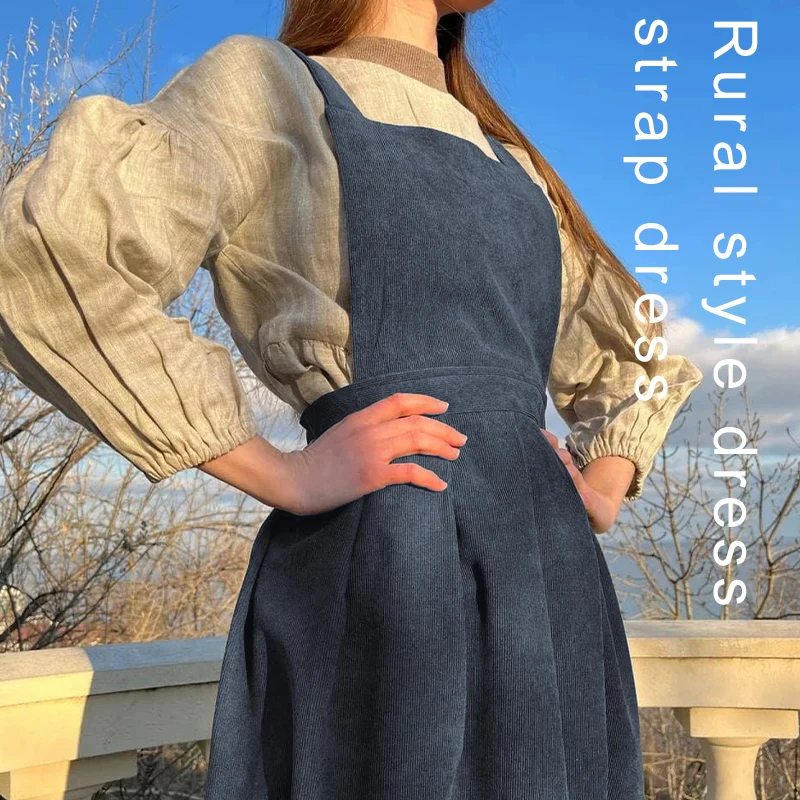 

Women's Dress Retro Corduroy Solid Color Square Neck Casual Comfortable A-Line Shoulder Strap Skirt vestidos para mujer，327615