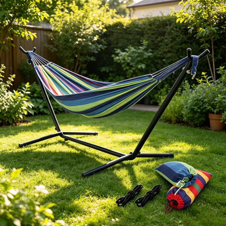 Double folding swing hammock frame cotton canvas adult hiking leisure facility for indoor and outdoor entertainment - view 6