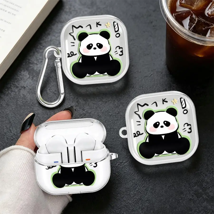 Clear Earphone Cases Cover With Hook Case For Samsung Galaxy Buds 4 Pro 2 3 FE 2Pro 3Pro 4Pro Live Cartoon Panda