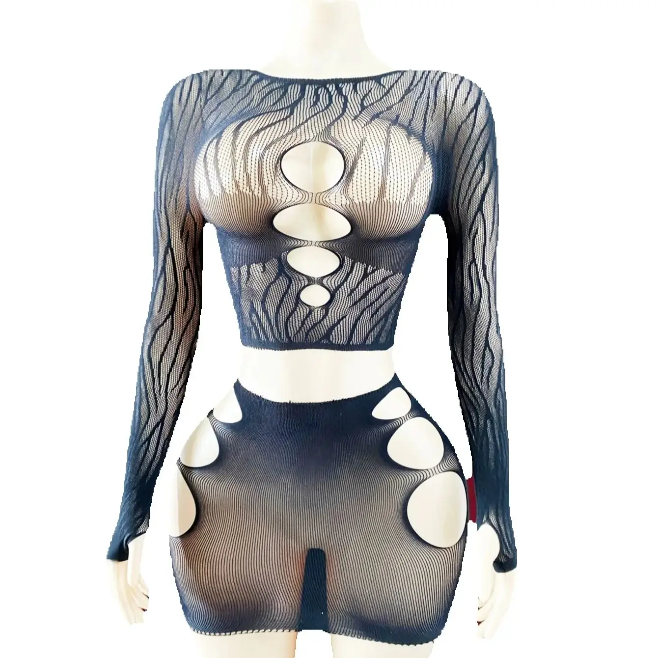 1 Juego de vestido Sexy de rejilla para mujer, mangas largas sin Bikini para festival de música, vestido ajustado ahuecado para vacaciones K252