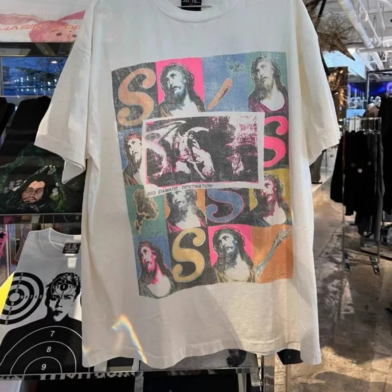 Summer Saint Tshirts Grid Splicing Color Graffiti Thorn Portrait Pattern Men Women Cotton Round Neck Short Sleeve Casual Tops