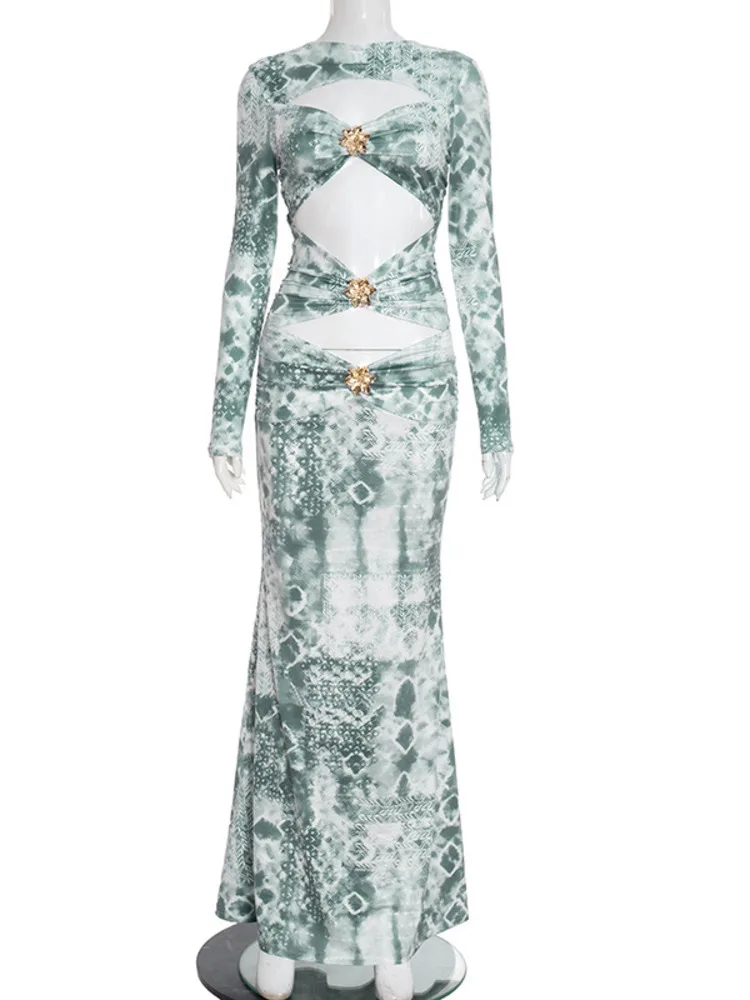 Xiaotang oco para fora manga longa impressão sexy maxi vestido feminino elegante malha o pescoço cintura alta bodycon clube festa vestido impresso