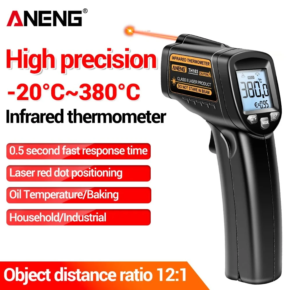 

Инфракрасный лазерный термометр ANENG TH103 с цифровым дисплеем, бесконтактный измеритель температуры для промышленного и бытового использования