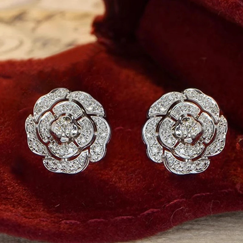 Huitan Graceful Flower Stud Earrings Women Engagement Accessories with Brilliant Zirconia Aesthetic Silver Color Wedding Jewelry