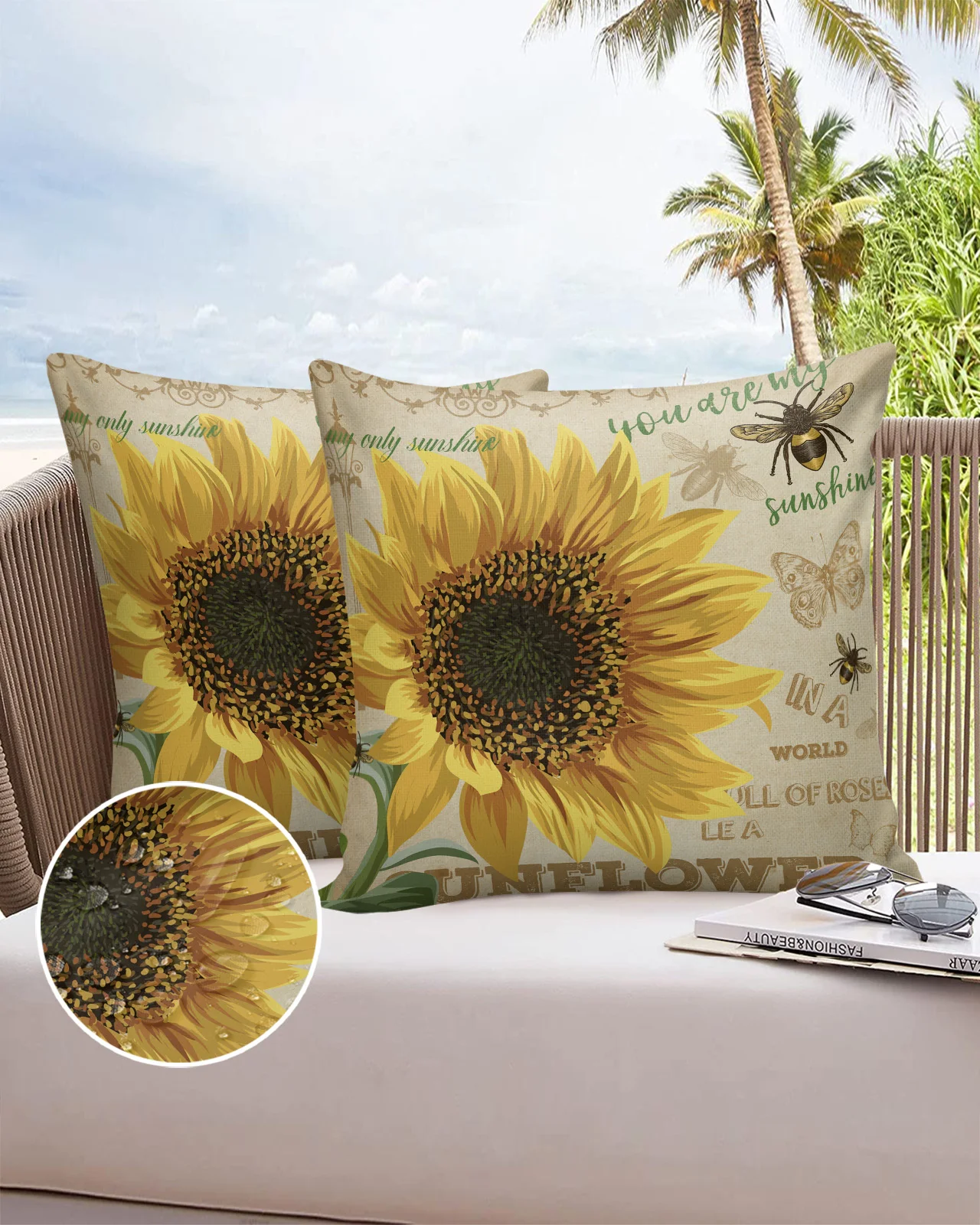 2/4PCS Outdoor Garden Chair Waterproof Cushion Cover Sunflower Bee Butterfly Retro Home Decor 40/45/50/60/66cm Pillow Case