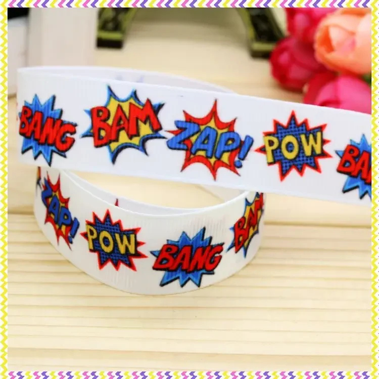 7/8''  Bang Pow Bam Skull Printed Grosgrain Ribbon Material  Headwear Party Decoration Diy Sewing Craft 22mm S188