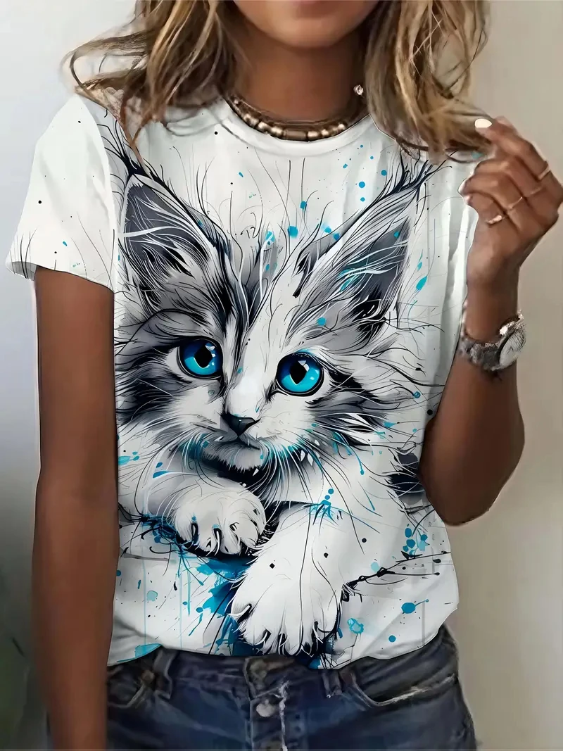 

Cute Cartoon Cat Pattern T Shirt For Women Funny Animal 3D Printed Short Sleeves Tees Summer Oversized T-Shirts O-Neck Kids Tops