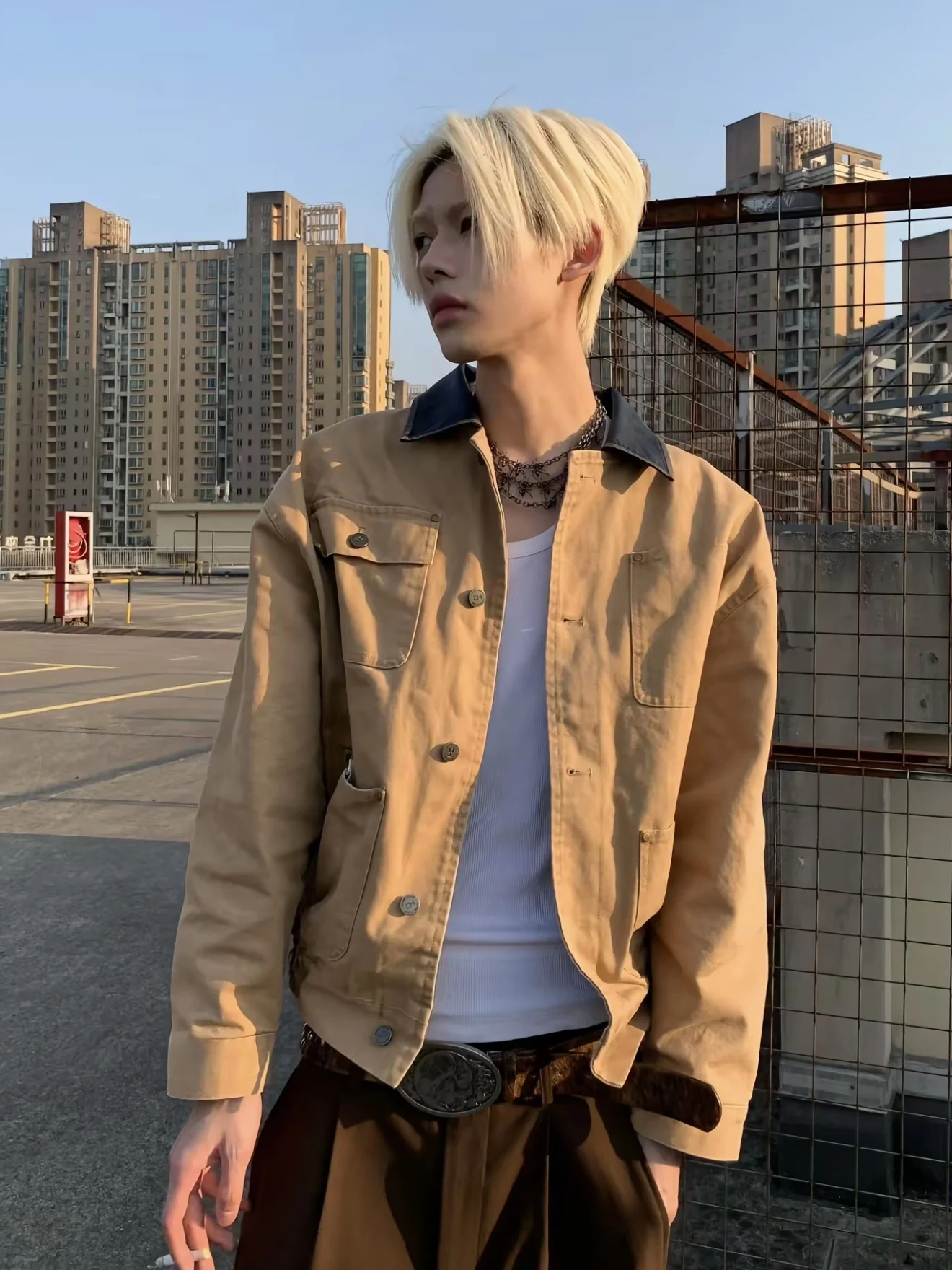 

Retro Waed Leather Collar Workwear Jaet Men's Autumn Winter Outerwear Cleanfit Design Loose Fit Long Sve Youth Jaet