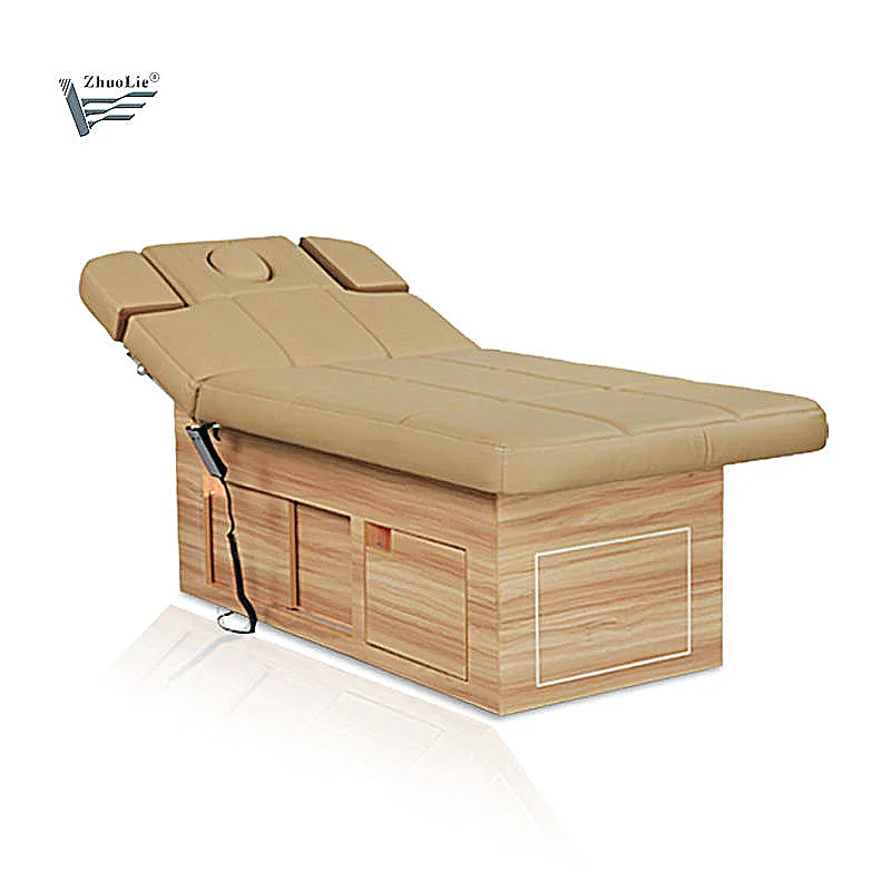 

Thai Resort Simple Wooden Backrest Lift Electric Spa Beds Table De Massage with Wooden Cabinet