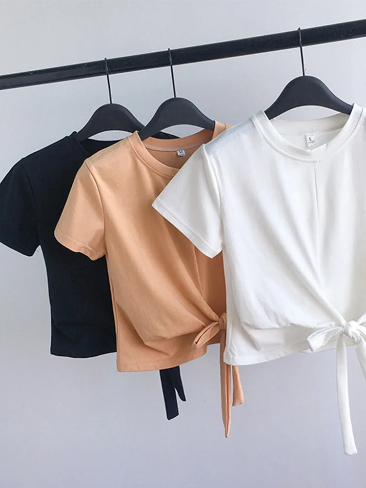 2024 Summer Fashion Y2K T-shirt Woman Korean Bandage Sexy Crop Top Women Short Sleeve Skinny Kpop Tee Shirt Femme Solid Cloth