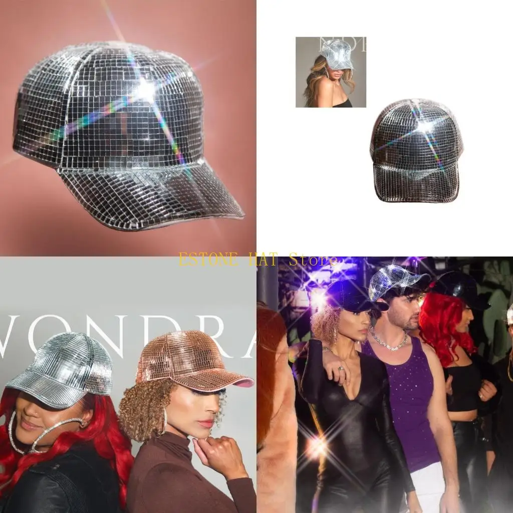 49MF Disco Balls Mirror Hat Fashion Sequin Party Hat Adult Shiny Bucket Cap for Music Festival Stage Dance Hats Club Headgear