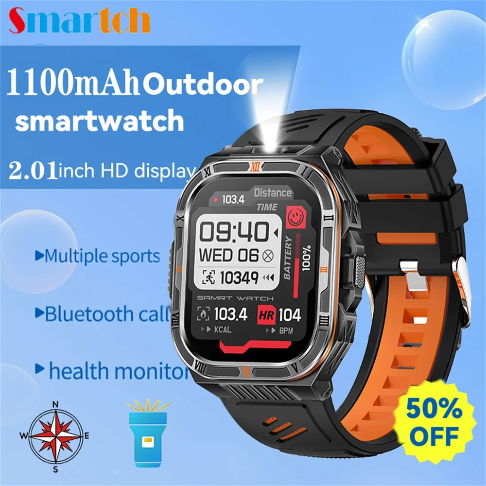 

Smartwatch Men 1100mAh Battery Outdoor Smart Watches LED Flashlight BT Call Health Monitor Waterproof 100+ Sports Modes Compass