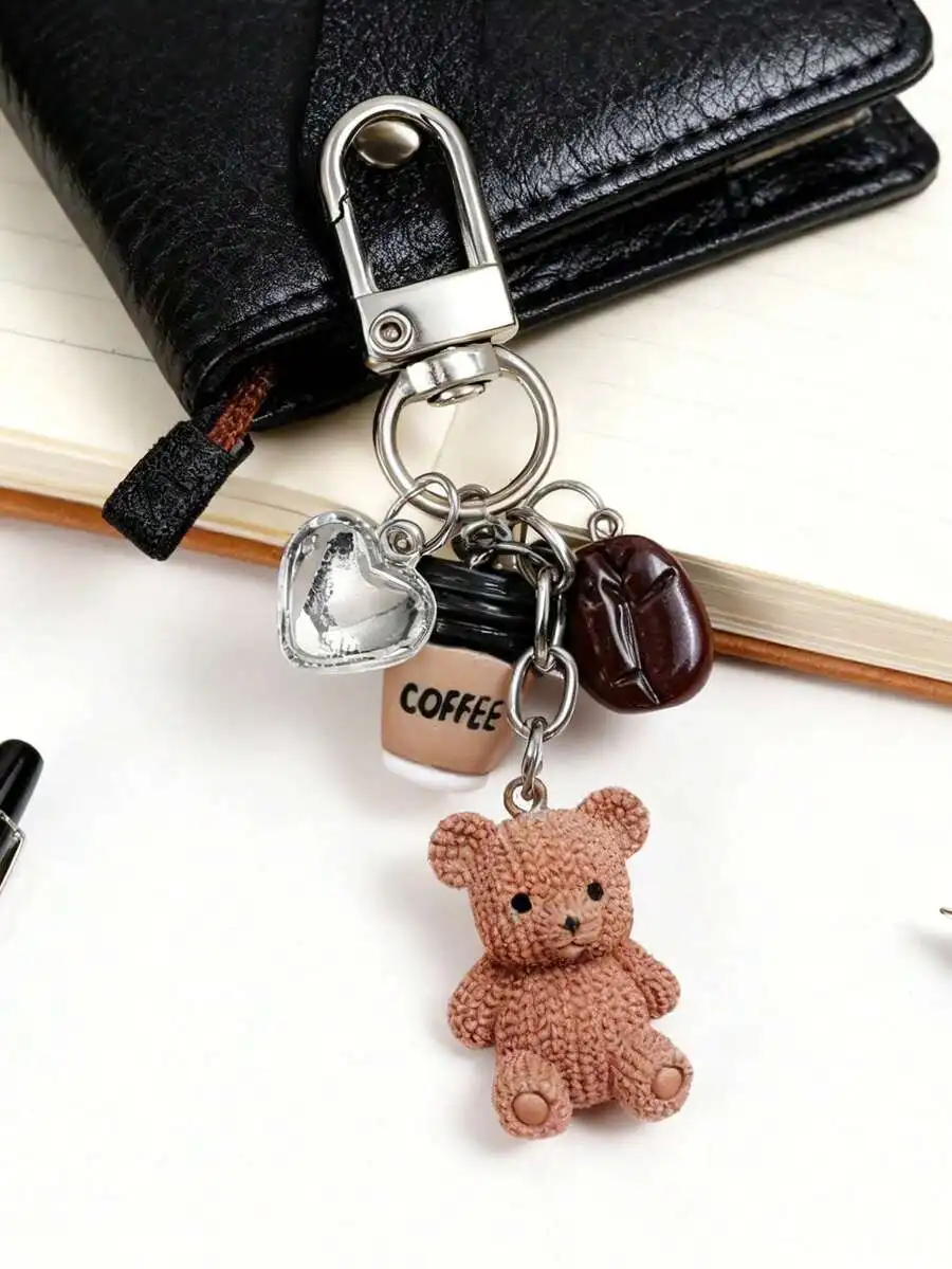 Coffee Themed Keychain with Teddy Bear and Cup