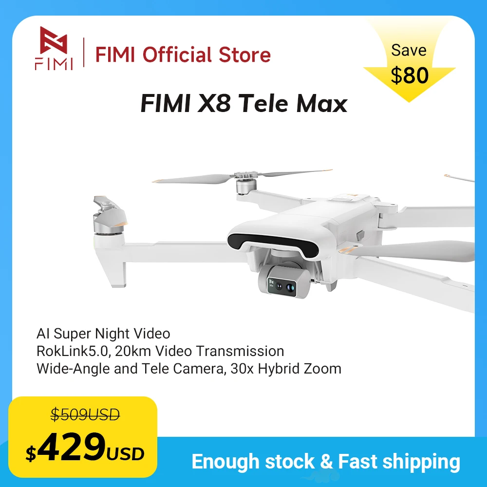 

FIMI X8 Tele Max drone New Generation RokLink 5.0 20KM digital Video Transmission System 1/2-inch CMOS Wide-Angle Tele Camera
