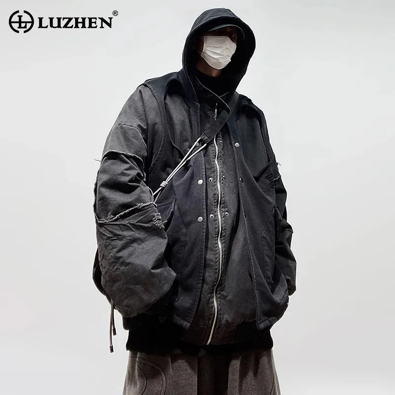 LUZHEN Original Vintage Wornout Patchwork Design Hooded Padded Coat Men's 2025 New Fashion Streetwear Loose Warm Jacket LZ8494