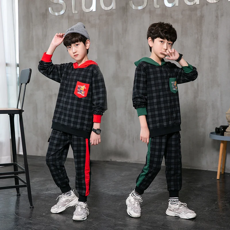 

Boys Suit Sweatshirts +Pants Cotton 2Pcs/Sets 2022 Plaid Spring Autumn Thicken Sports Sets Kid Formal Sport Teenagers Children C