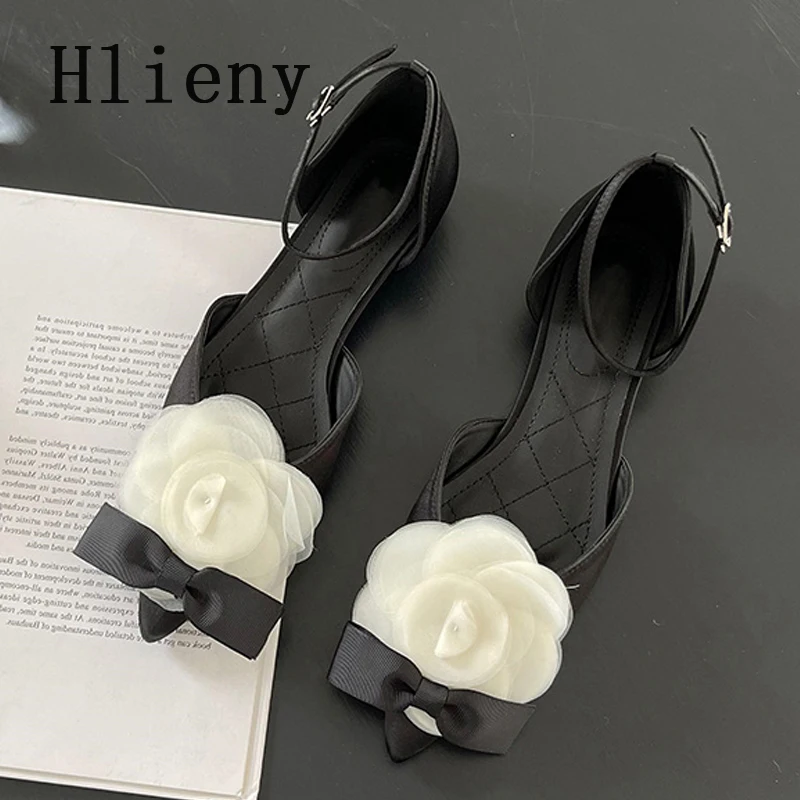 

Hlieny 2025 Spring Fashion Flower Buckle Strap Pumps Women Sexy Pointed Toe Flat Heel Wedding Party Dress Mule Ladies Shoes