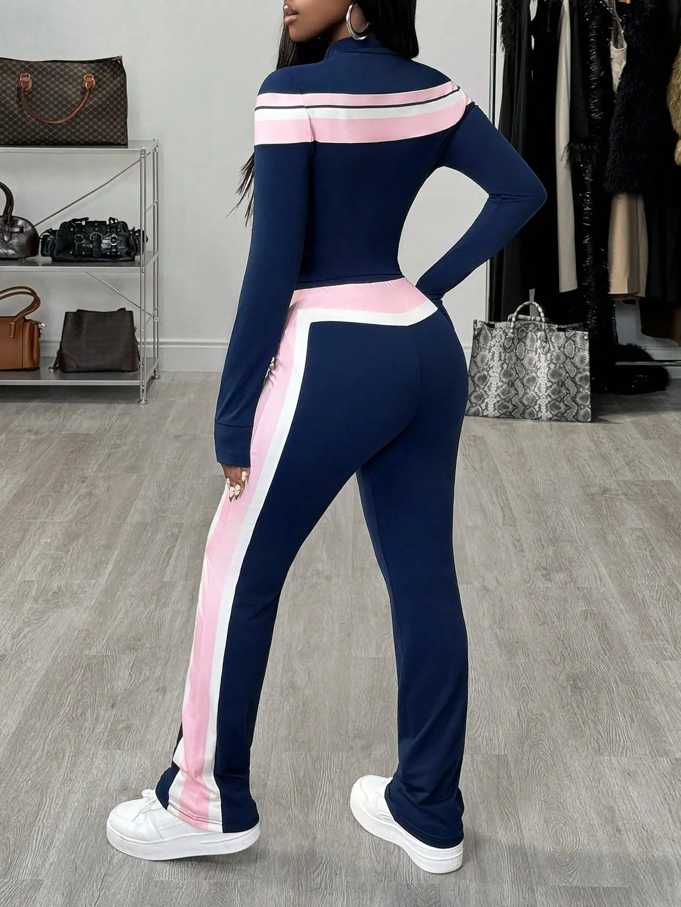 여성용 네이비 핑크 스트라이프 3피스 세트: 지퍼 재킷, 크롭탑 & 레깅스 (캐주얼 스트리트웨어)