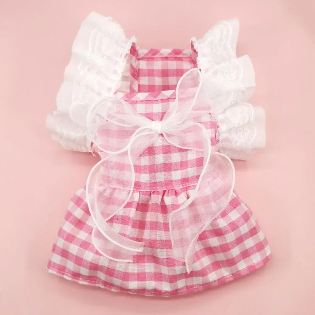 Cat Princess Dress Lace Stitching Square Collar Kit Dresses Ruffle Sleeves Plaid Printing Dog Bowknot Skirt For Daily Wear