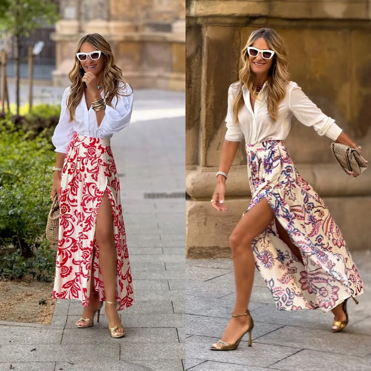 Fashion Bohemian Style Flower Print Skirt Women Sexy Slit High Waist Long Skirts Female Spring Summer Vacation Beachwear 2025