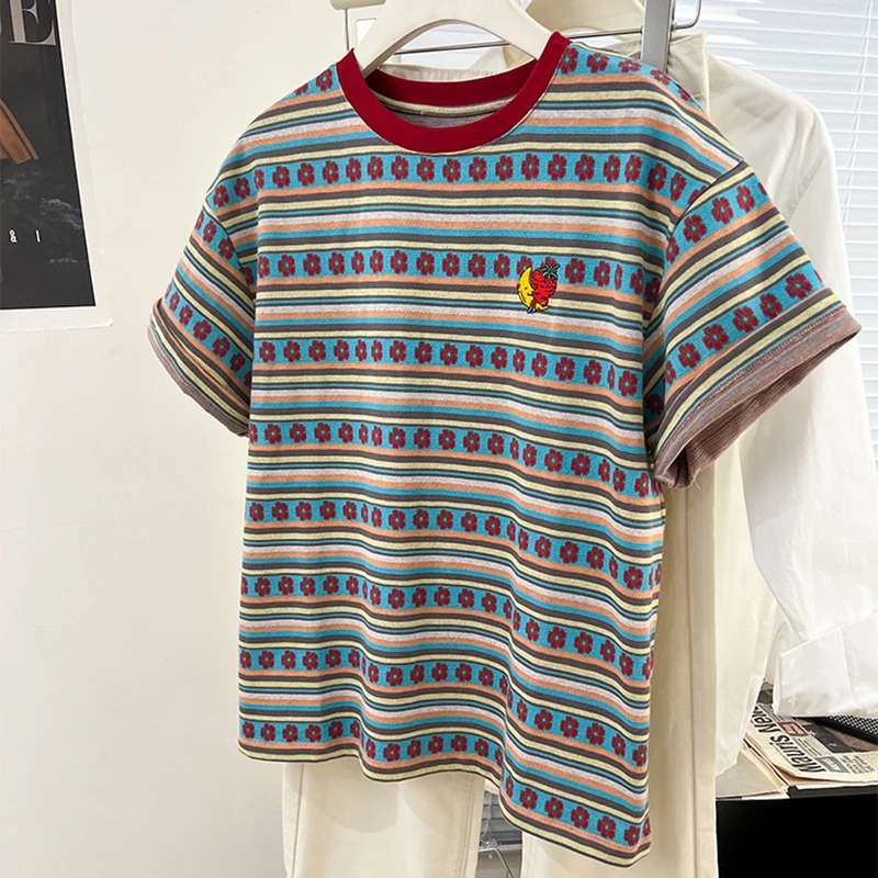 Women Summer New Chic T-Shirt Casual Retro Striped Short Sleeve T-shirt Streetwear  Round Neck Loose Tops