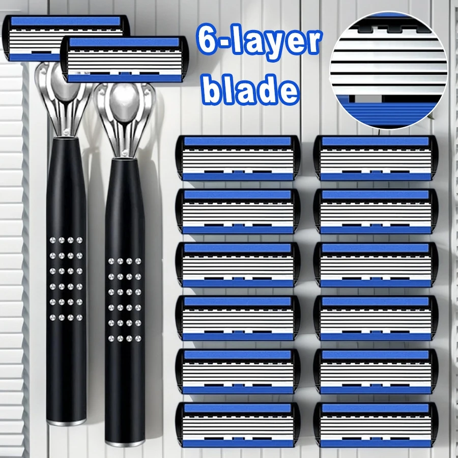 1 Handle + 6 Blades/ Men Women Manual Safety Razor 6-Layer Stainless Steel Hair Removal Shaving Replaceable Shaver Head