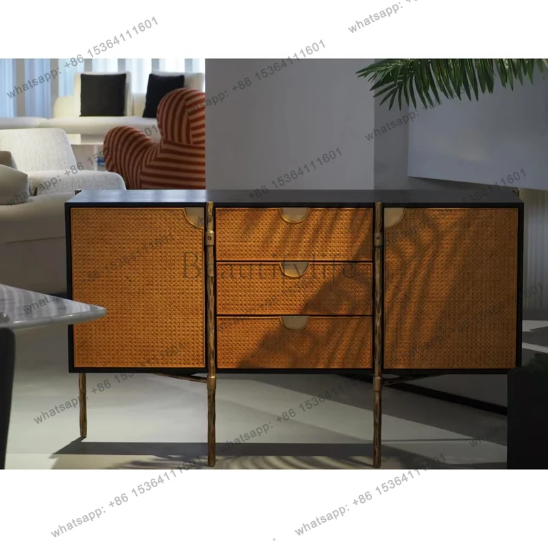 

French wabi sandy wind solid wood dining side cabinet modern simple wrought iron storage cabinet