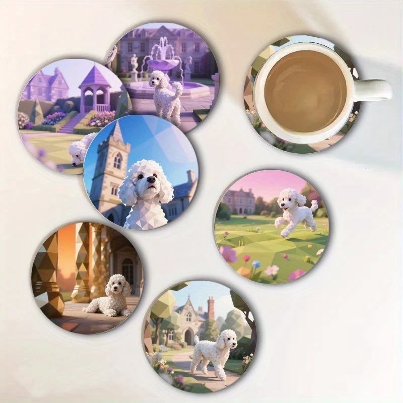 2D Cartoon Bichon Frise Poodle Dog Wooden Coaster Heat-resistant Fun Colour Printing Cup Mat Table Decor Cafes Restaurants Gifts
