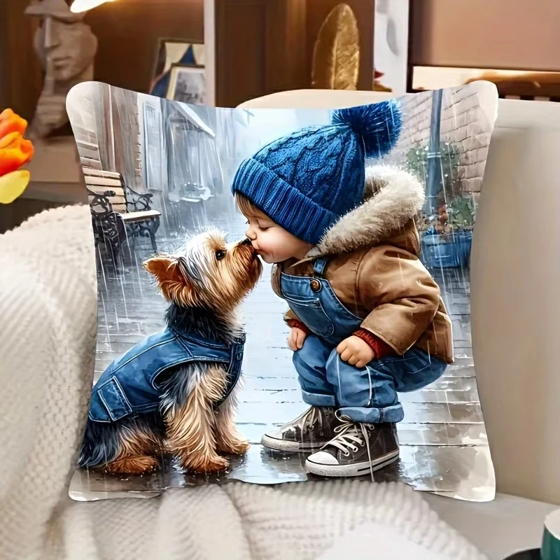 

Child and Dog Pillowcase - Soft Plush Gift, No Pillow Insert, Adorable Design for Kids' Room Decor, Perfect for Pet Lovers