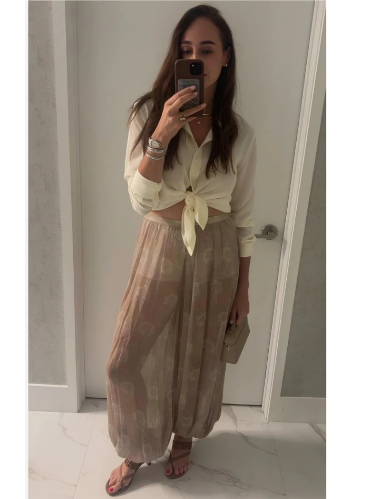 Women Floral Print See Though Wide Leg Trousers 2025 New Summer Casual Pleated Loose Bloomers Female Holiday Beach Long Pants