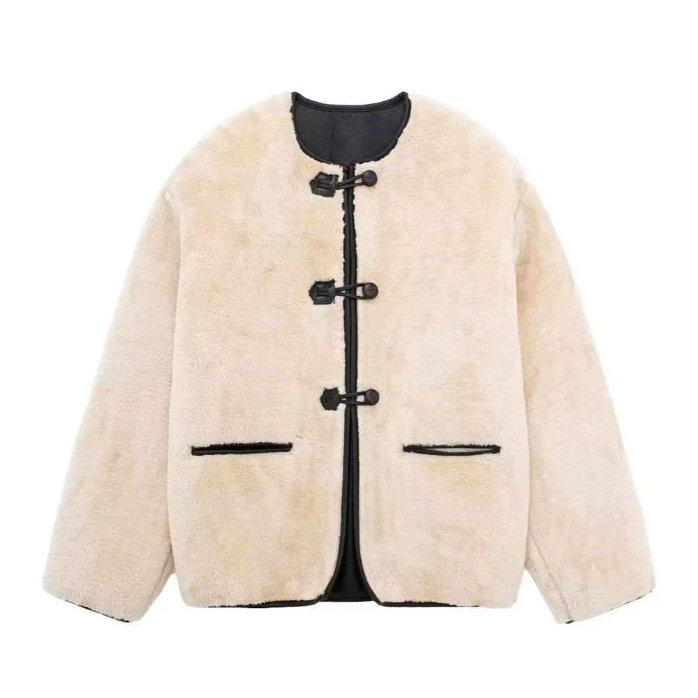 PB&ZA2024 Autumn New Women's Clothing Style Simple  Loose  Warm  Round Neck Imitation Fur Coat Lamb Wool Coat