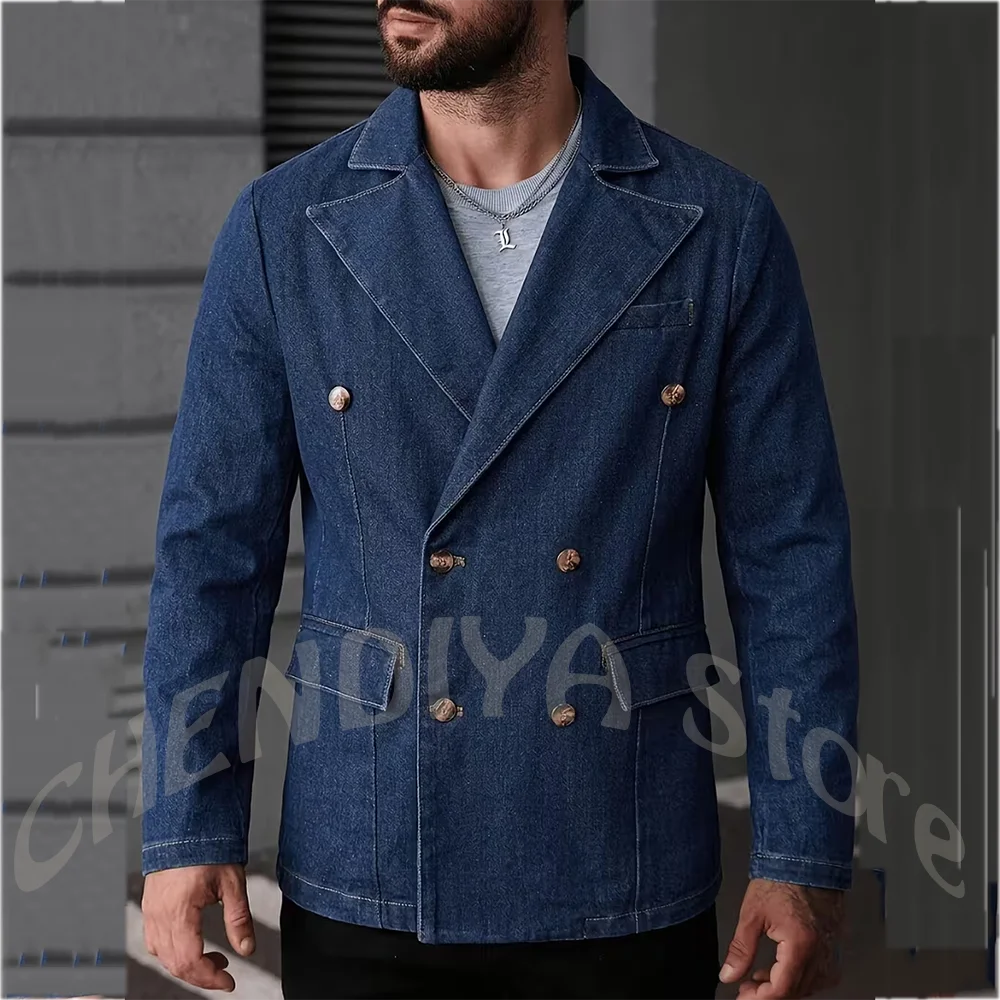 

Dark Blue Denim Blazer Men Suit Double Breasted Notched Lapel Casual Jacket With Black Pants For Streetwear Business Daily Wear