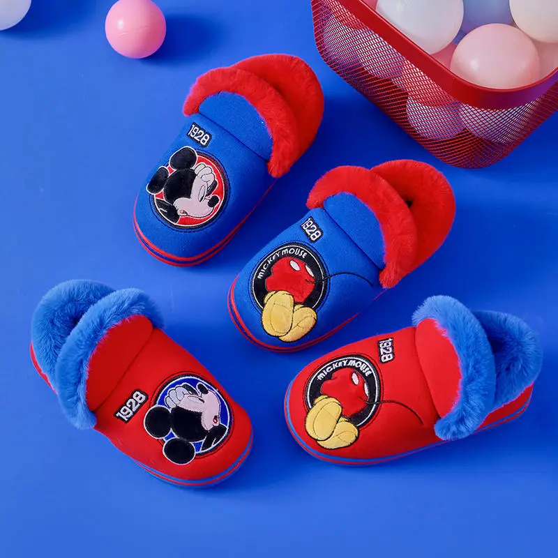 Disney Home Shoes Slipper For Childrens Mickey Mouse Winter Warm Cotton Red Blue Non-slip Indoor Shoes For Kids Size 15-18cm