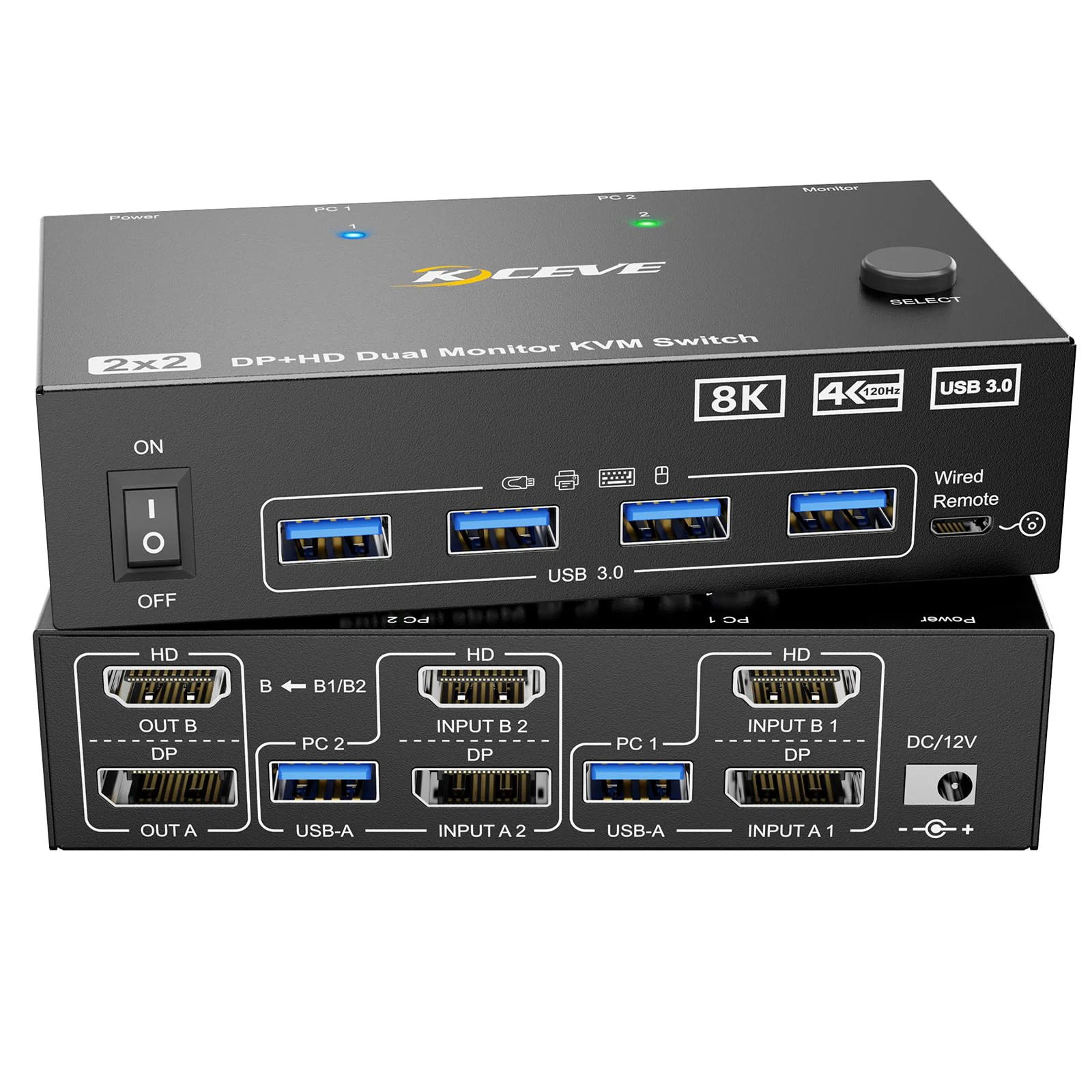 HDMI + Displayport KVM Switch 2 Monitors 2 Computers 8K@60Hz 4K@144Hz, Dual Monitor KVM Switch with 4 USB 3.0 Port ,Wired Remote