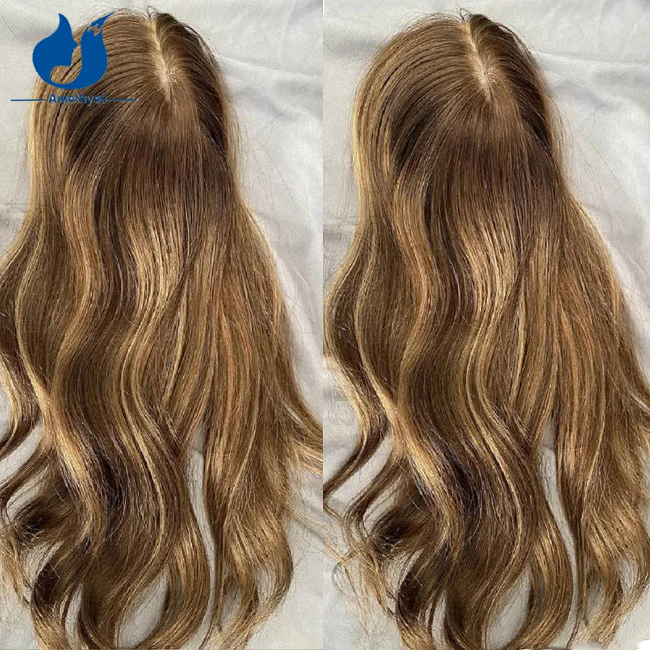 Amatista 5 "x 6" resaltado Rubio ondulado cabello humano virgen Base de seda Topper cabello europeo para mujer tupé de seda Color Balayage