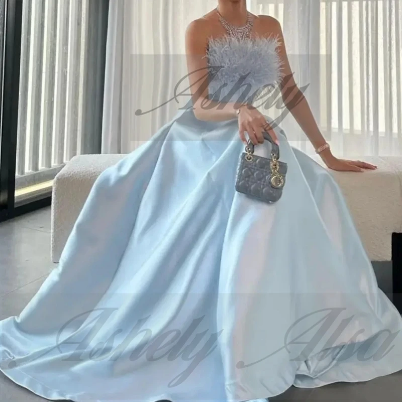 사용자 정의 우아한 여성 공식 특별 행사 드레스 깃털 새틴 라인 긴 댄스 파티 웨딩 파티 vestido de gala noche mujer