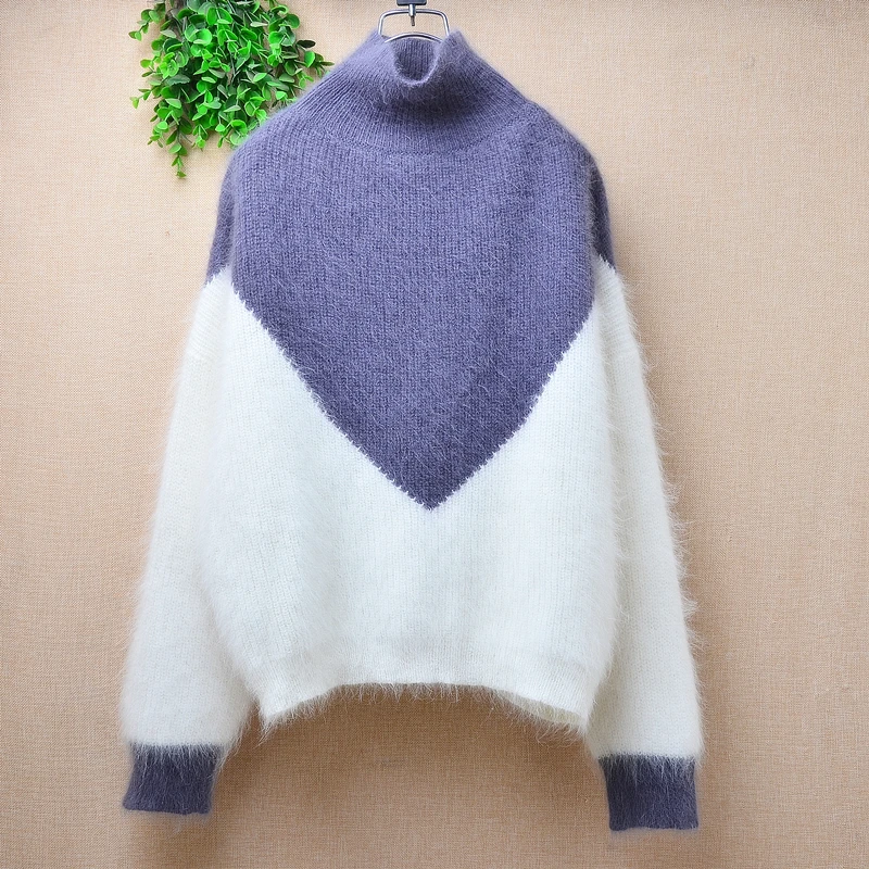 Women Mujer Autumn Winter Clothing Colored Hairy Angora Rabbit Hair Knitted Long Sleeves Loose Pullover Sweater Jumper Pull Tops