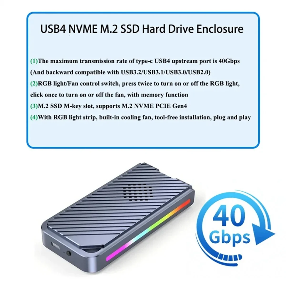 AD41-RGB M.2 Мобильный жесткий диск NVME Протокол SSD Внешняя коробка 40 Гбит/с Твердотельный жесткий диск Коробка 2464 Чип Жесткий диск