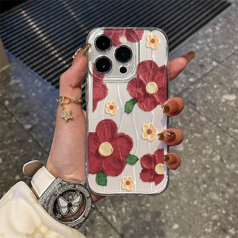 Oil Painting Red Flowers Shockproof Fashionable Phone Case For iPhone 15 Pro Max 14 Plus 13 12 11 XR X XS 8 7 Cover